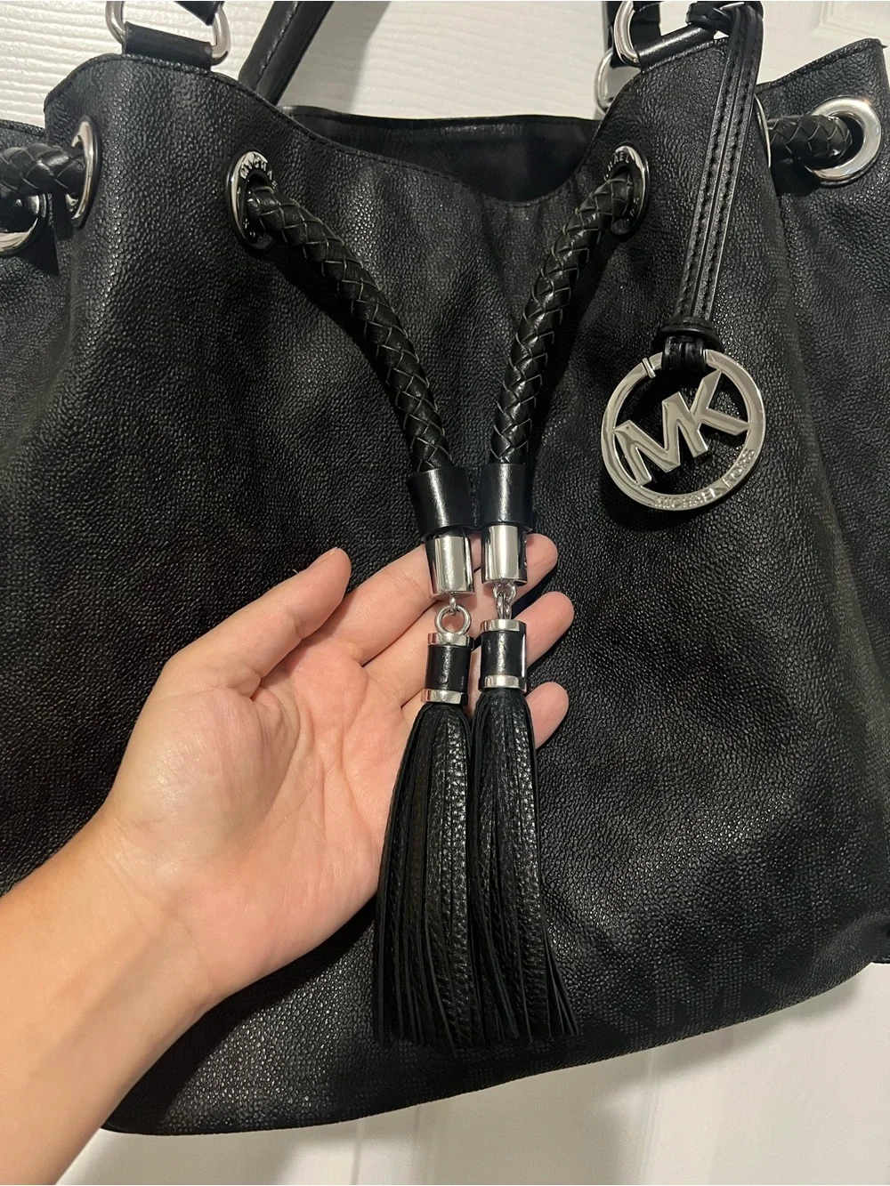 Michael Kors Black Logo Drawstring Shoulder Bag with Tassels